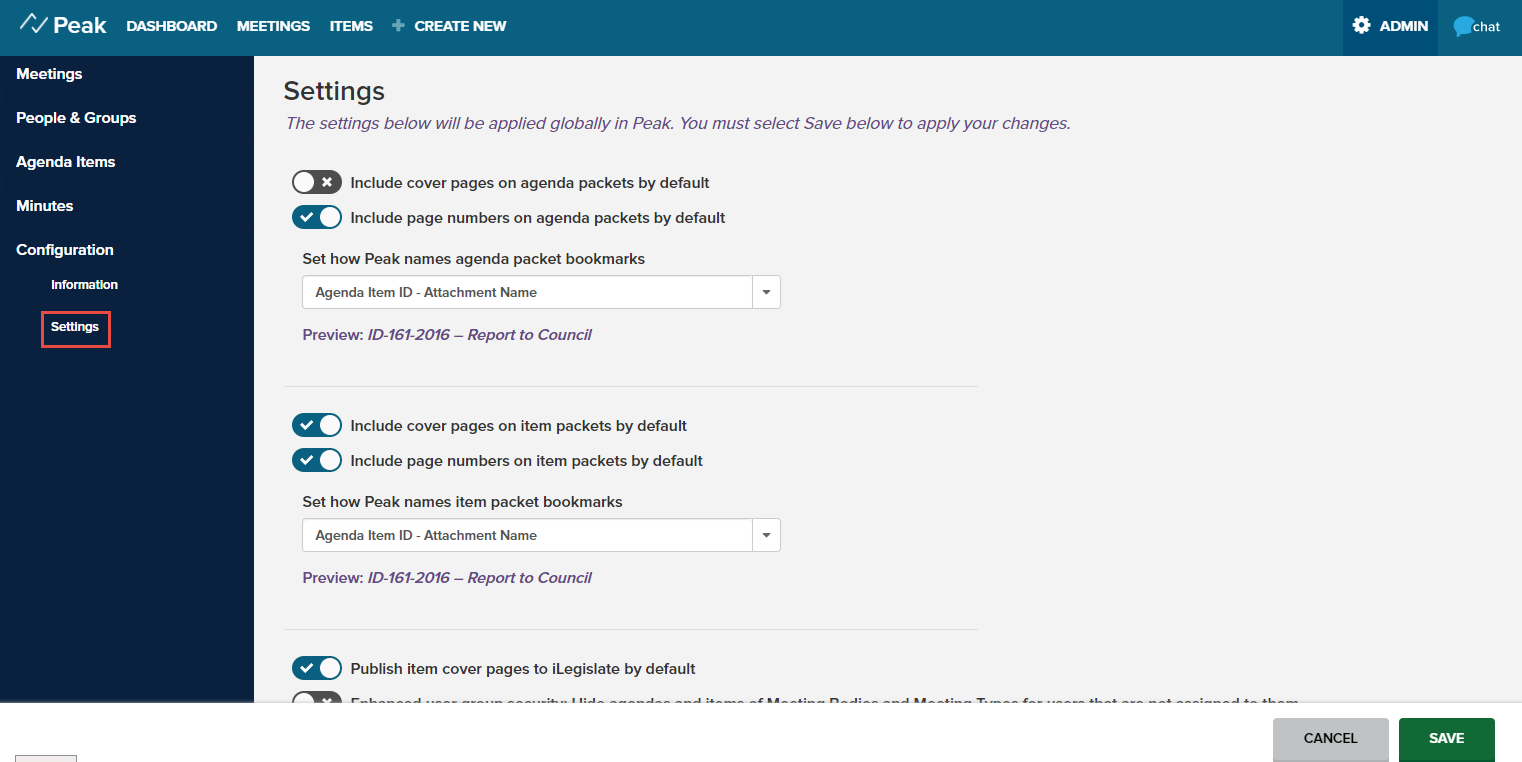 Site-Wide Settings in Peak | Granicus Support
