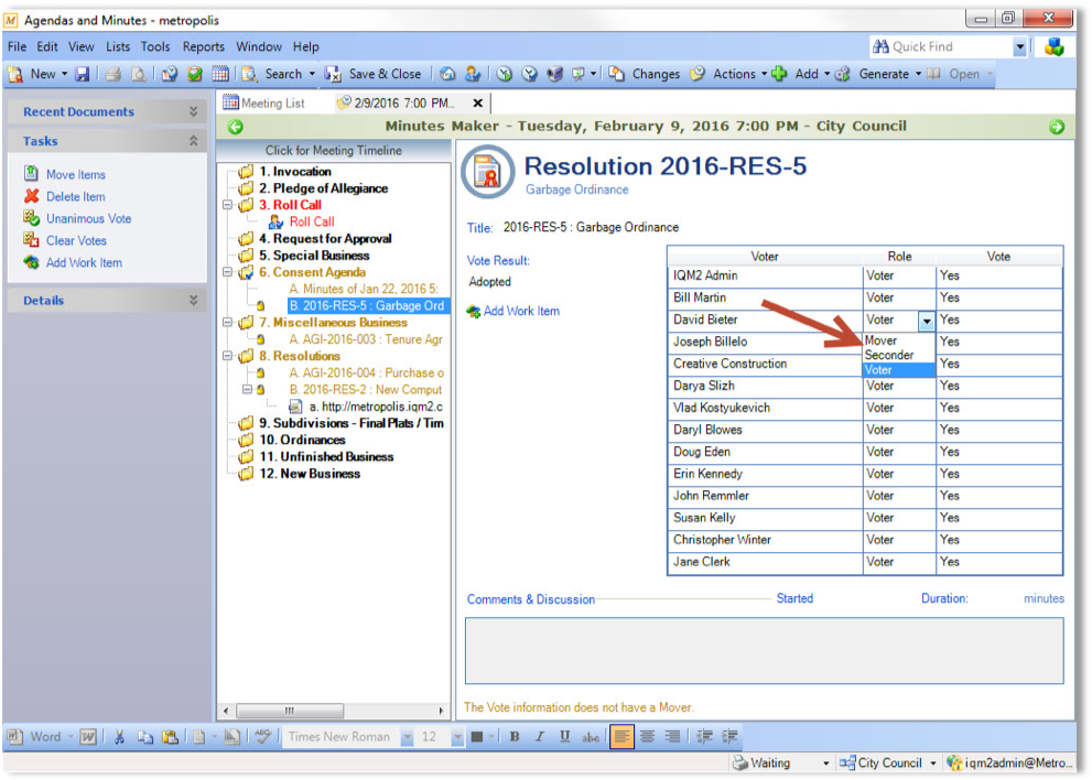IQM2 Agendas & Minutes: Adding Votes and Comments in the Minutes Maker ...