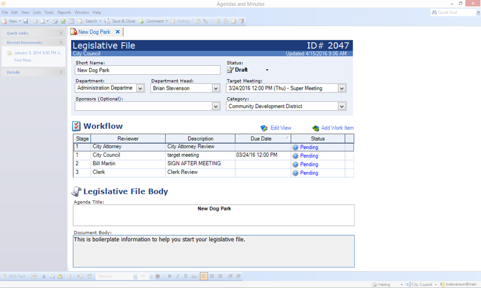 IQM2 Agendas & Minutes: Creating a New Legislative File | Granicus Support