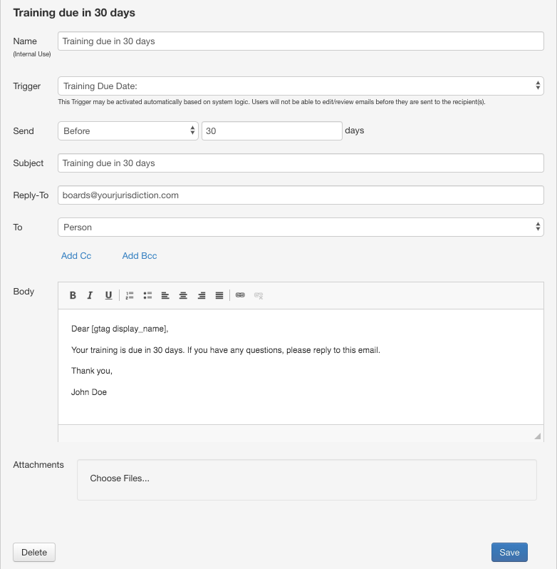 Custom Email Example: Training Due | Granicus Support