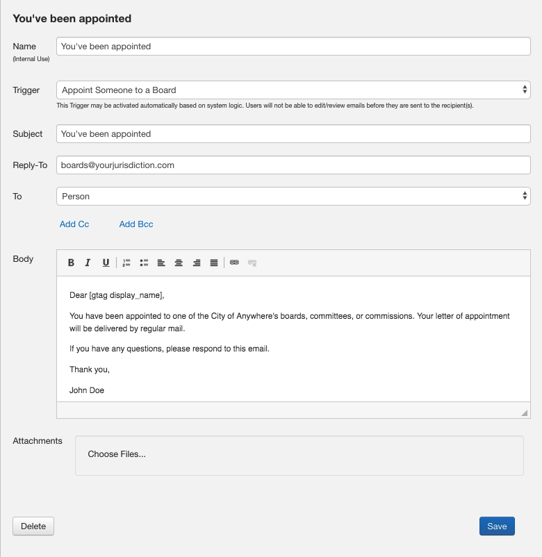 Custom Email Example: Applicant is Appointed to a Board | Granicus Support