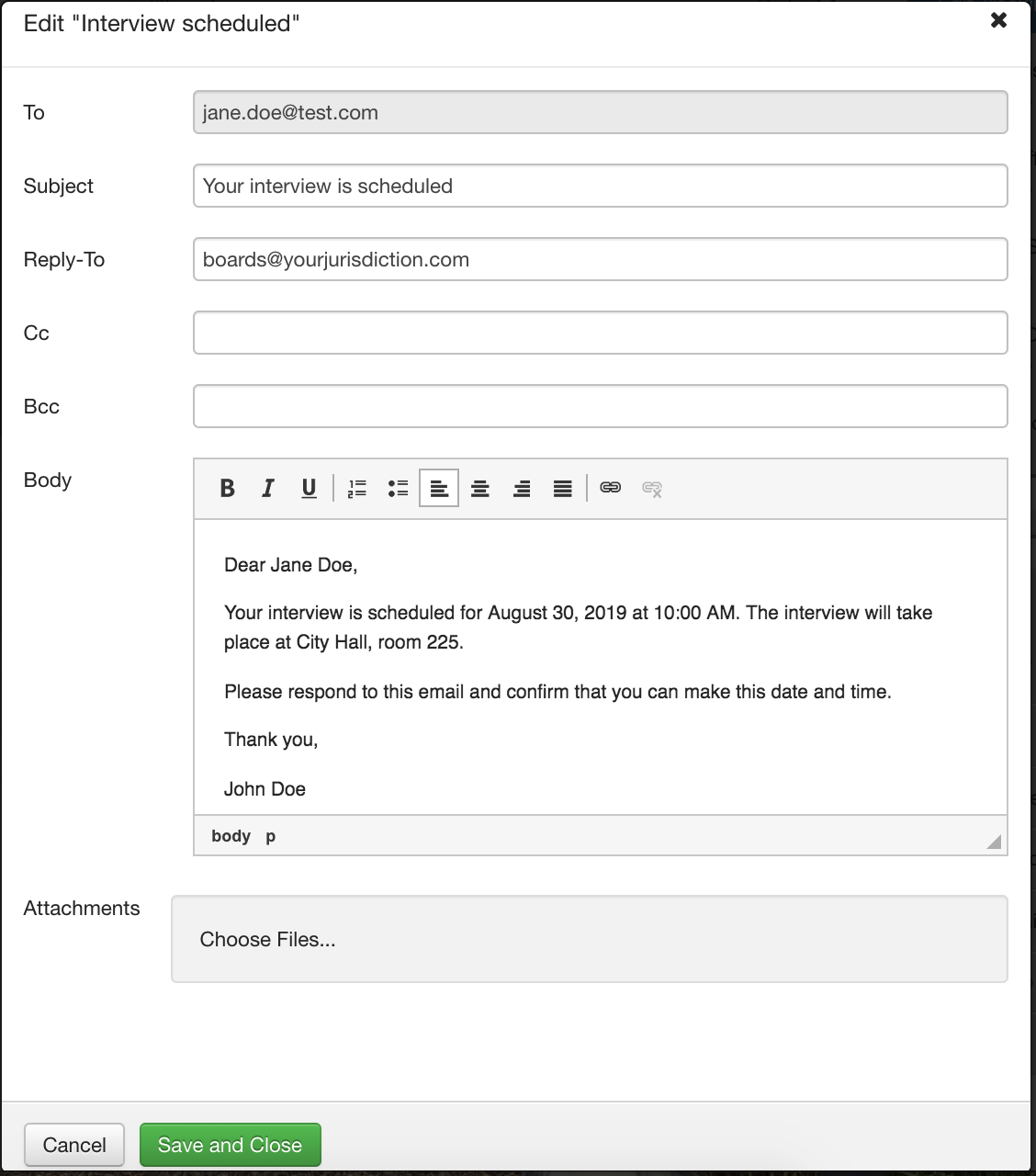 Custom Email Example: Interview Scheduled | Granicus Support