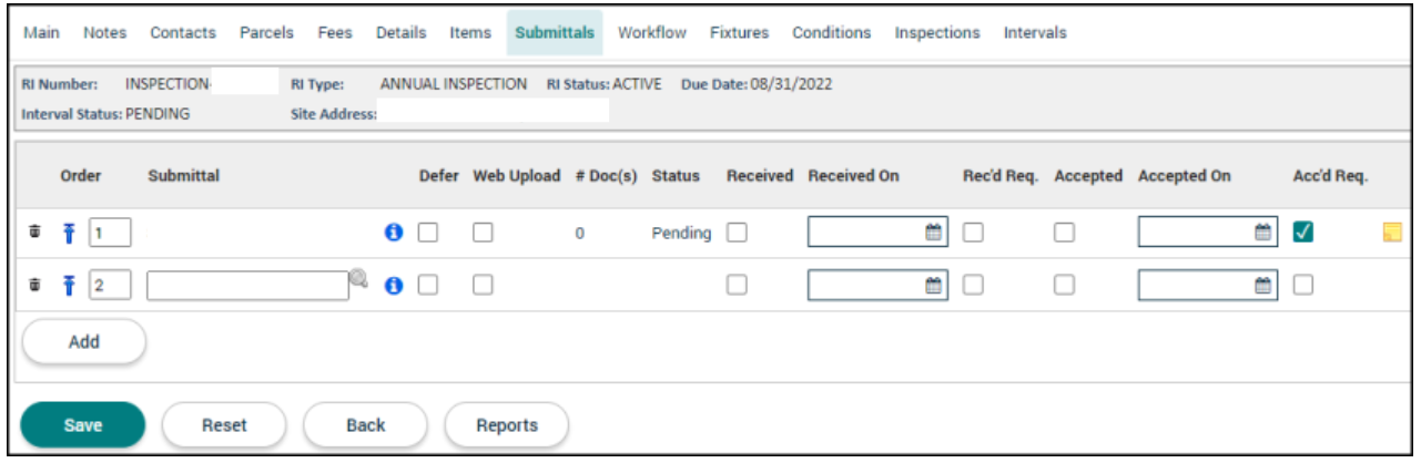 Recurring Inspections: Submittals Tab | Granicus Support