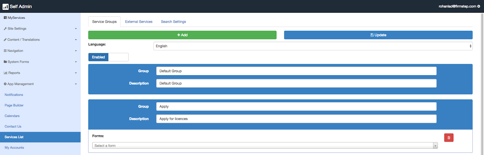 Setting up service groups