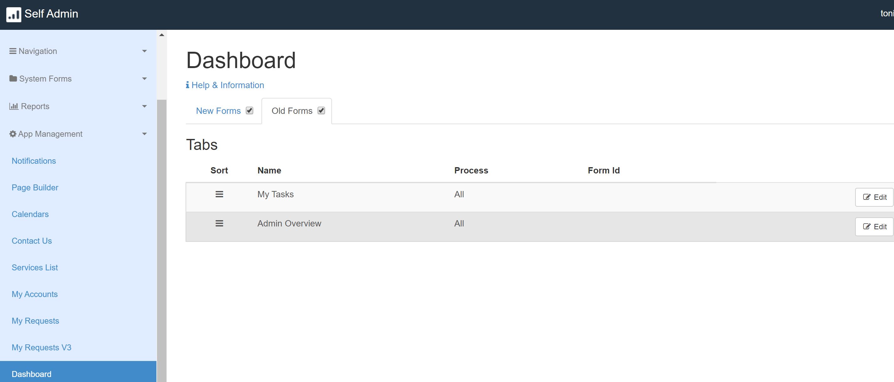 dashboard settings