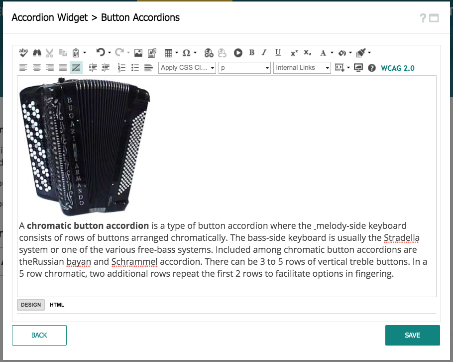 Editing the description for an accordion section about button accordions.