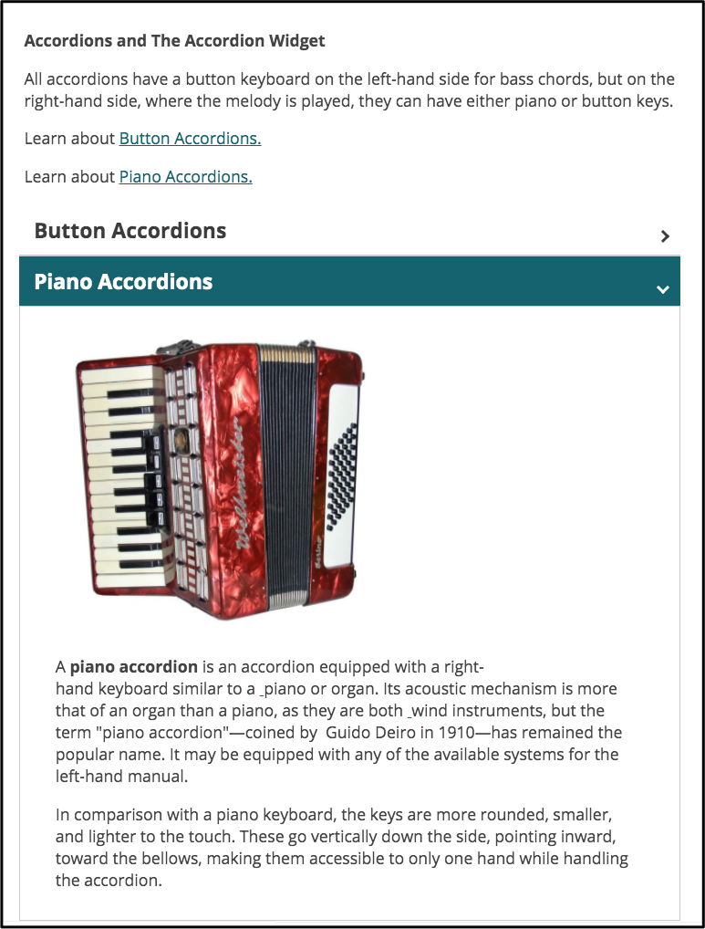 A page with the accordion widget, where clicking the "Learn about Piano Accordions" link will open the Piano Accordions section of the accordion widget.