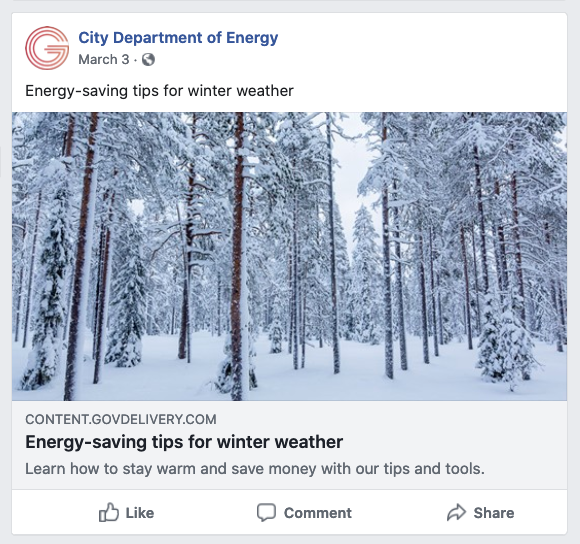 An example facebook post, with a featured image and link to the shared bulletin page