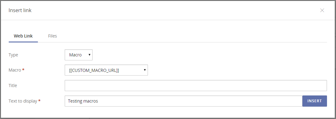 View of the insert link modal when macro is selected as the URL type