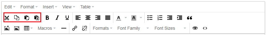 edit functions on the text editor toolbar including the cut, copy, paste, and paste as text