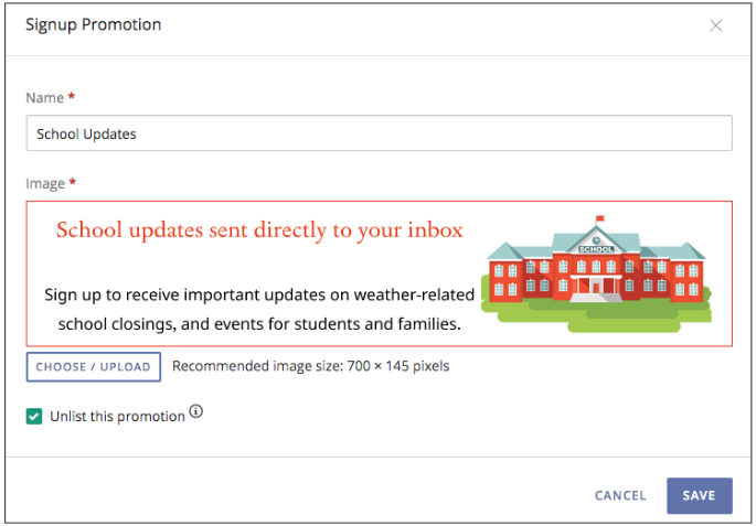 Signup promotion with the 'unlist this promotion' box checked