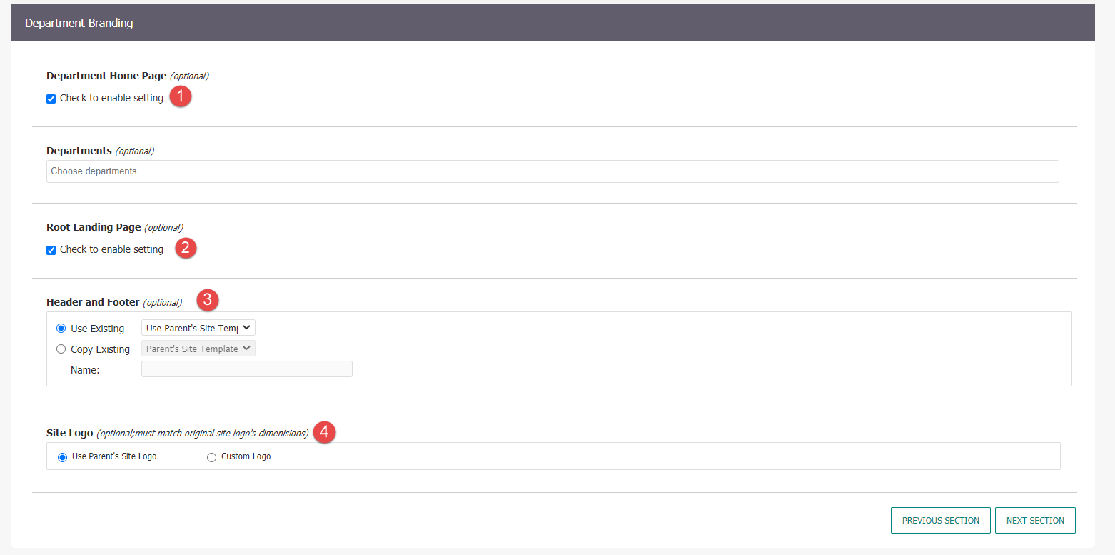The Department Branding section of the Page Details page