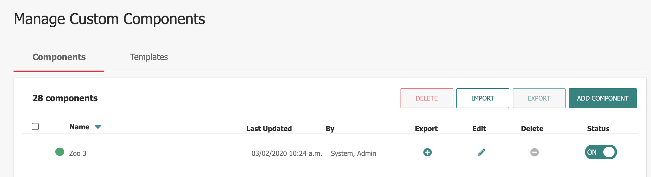 The 'Manage Custom Components' menu, listing your site's custom components
