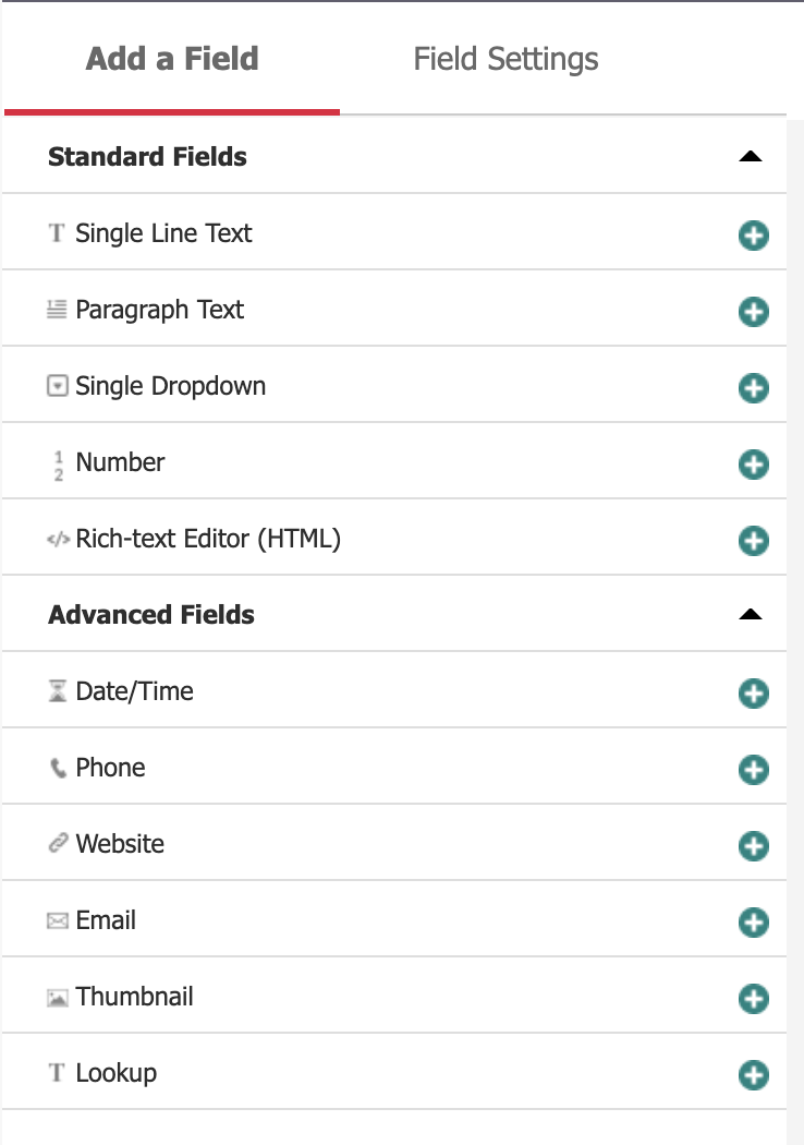 List of fields available to add to a custom component