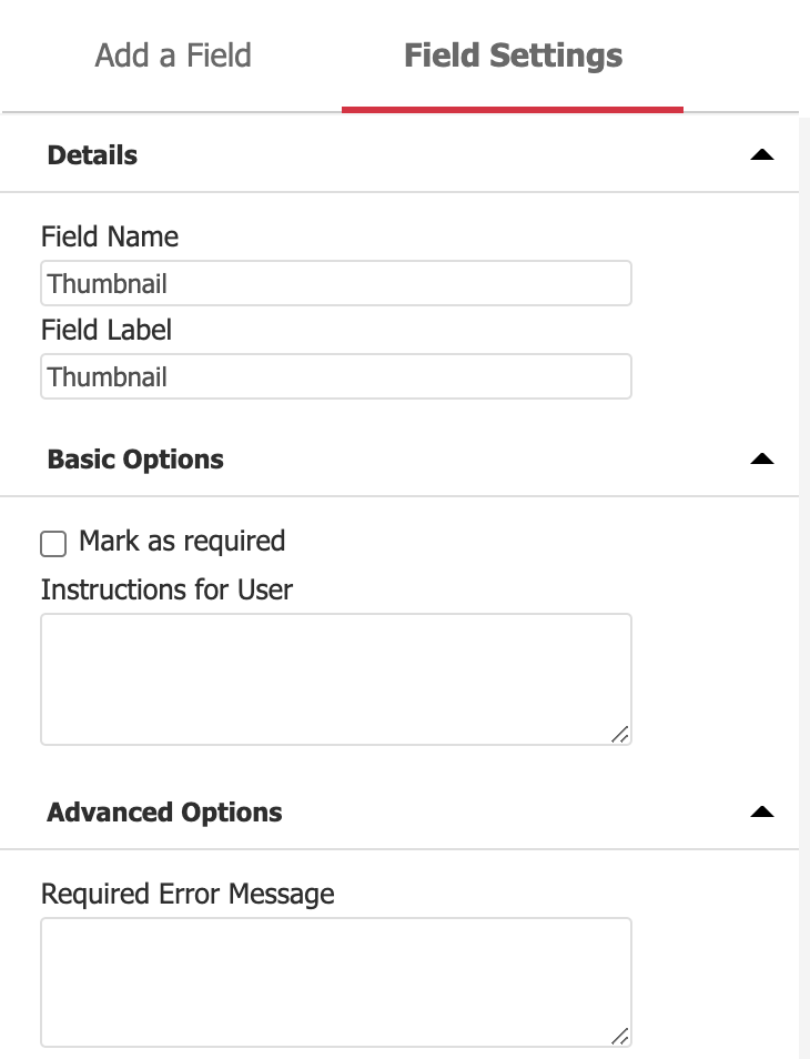List of field settings available for the various component fields