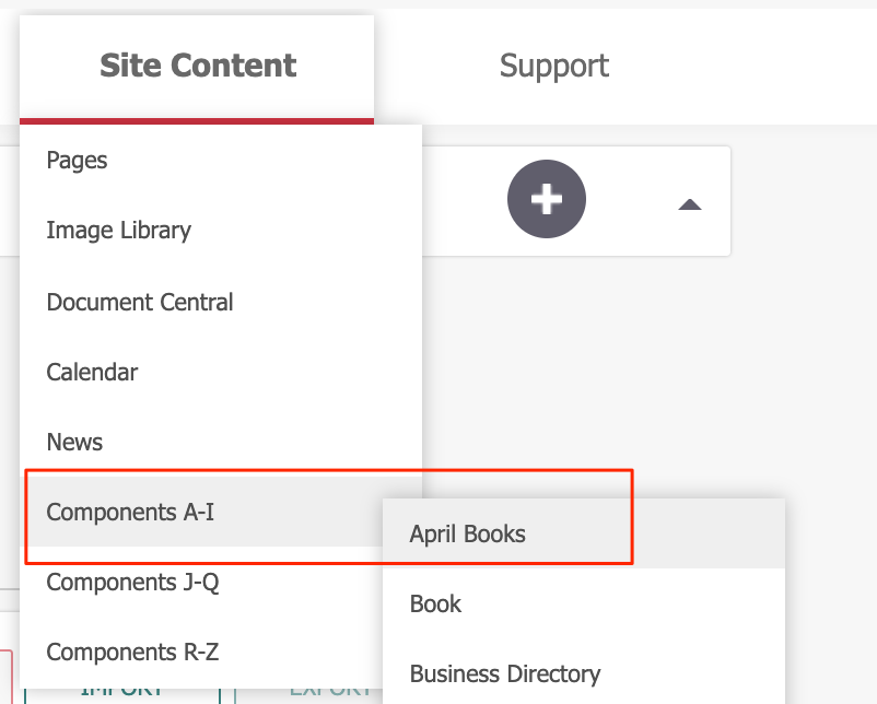 View of the new, custom component under the 'Site Content' 'Components' menu