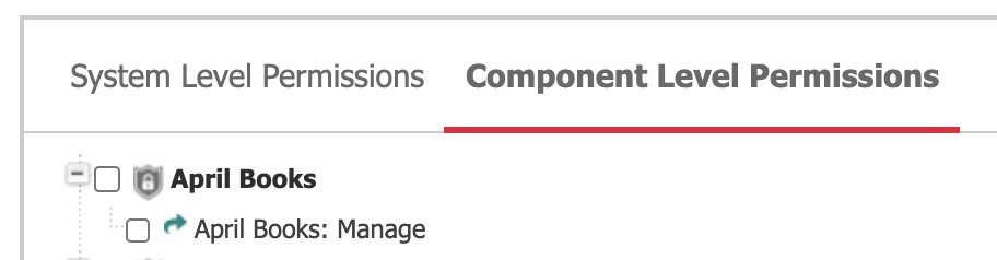 The 'Manage' checkbox under Component Level Permissions, which provides access to the new, custom component to CMS users