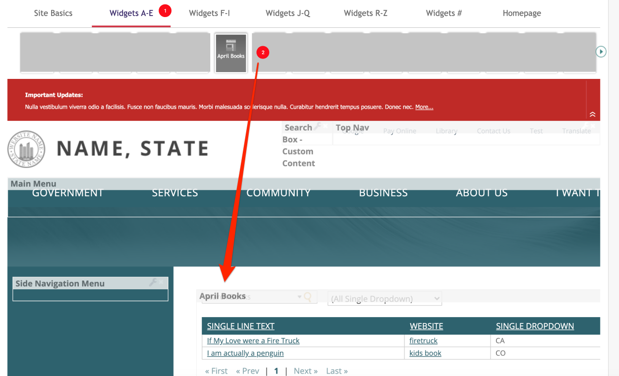 Dragging the new component widget from the top menu into a page template