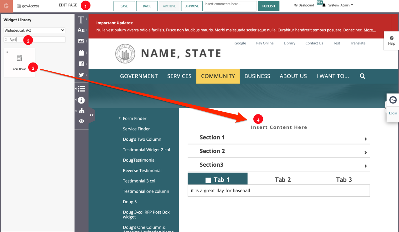 Dragging the new component widget from the left menu into a page