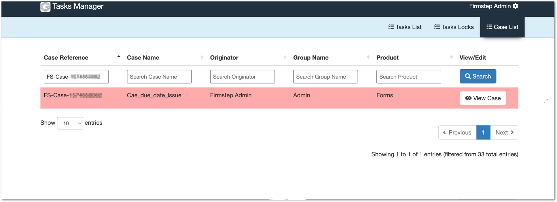 tasks manager case list display