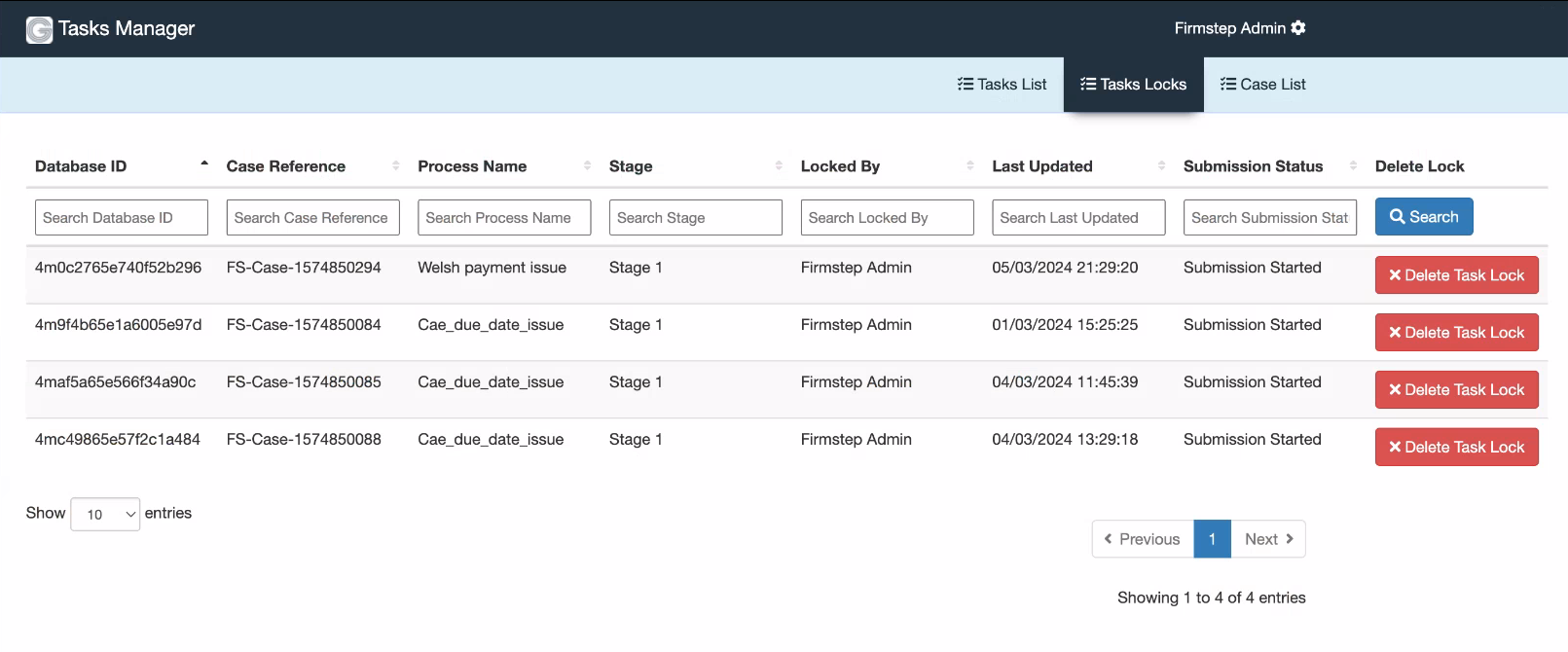 Tasks Manager Tasks Locks display