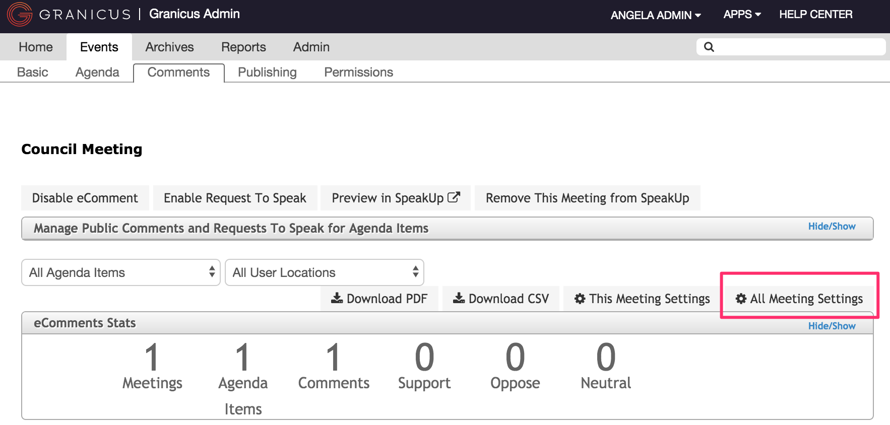 The Comments tab, with the 'All Meeting Settings' button highlighted