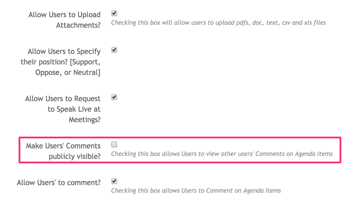 The Public Meeting Settings page, with the 'Make Users' Comments Publicly Visible' checkbox highlighted