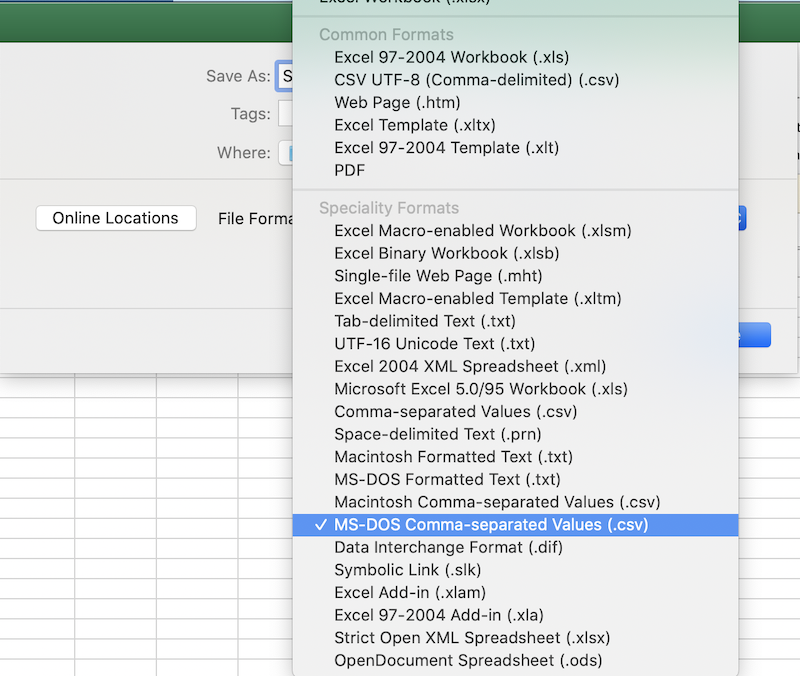 Selecting 'MS-DOS Comma-separated Values (.csv)'