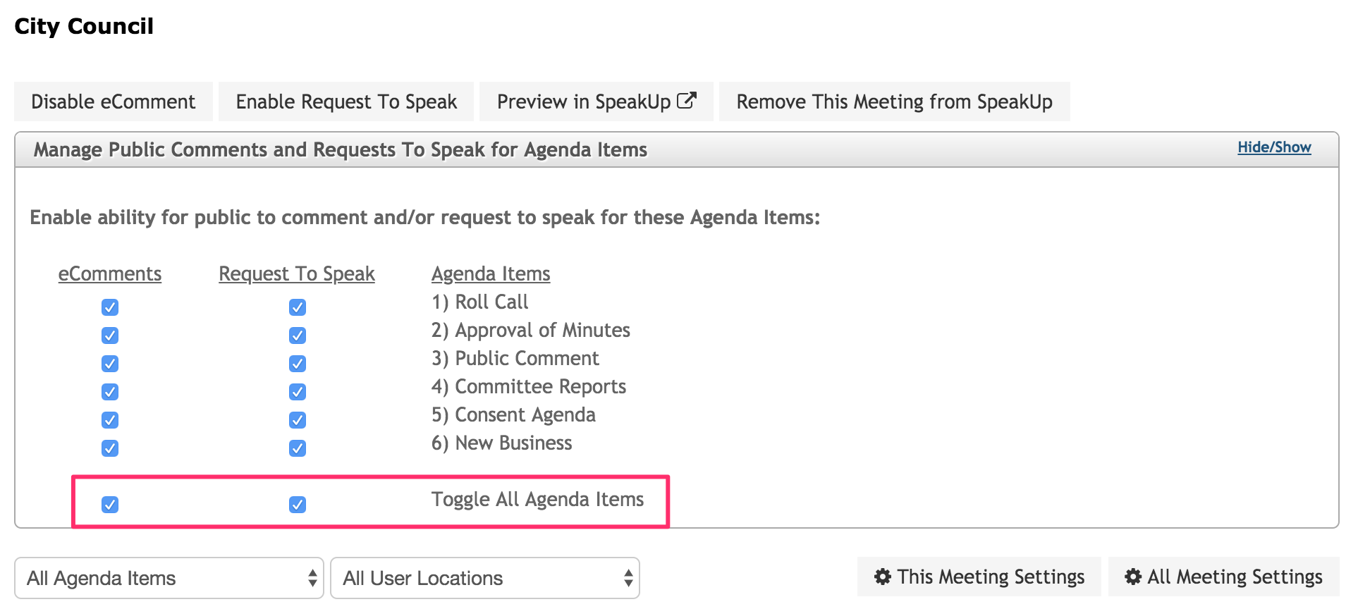 The public comments/requests to speak section of a meeting, with the 'Toggle all" checkboxes highlighted