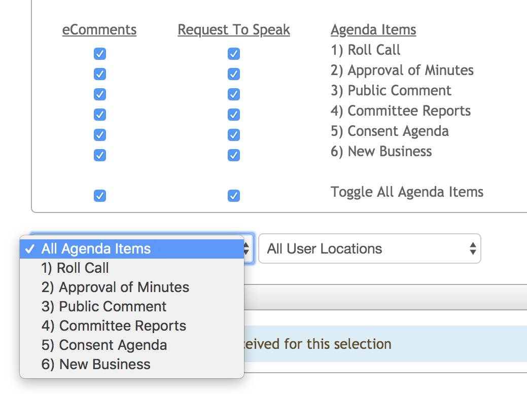 The agenda items in the 'All Agenda items' drop-down menu