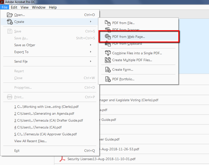 PDF from Webpage menu option in Acrobat