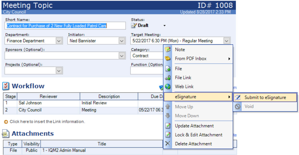 IQM2 eSignature: Using Workflow Designer vs. Submit Now | Granicus Support