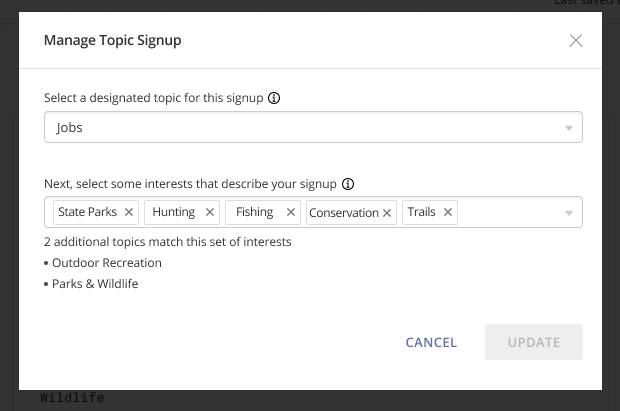 Managing interests for a signup which subscribes users to the 'Jobs' topic