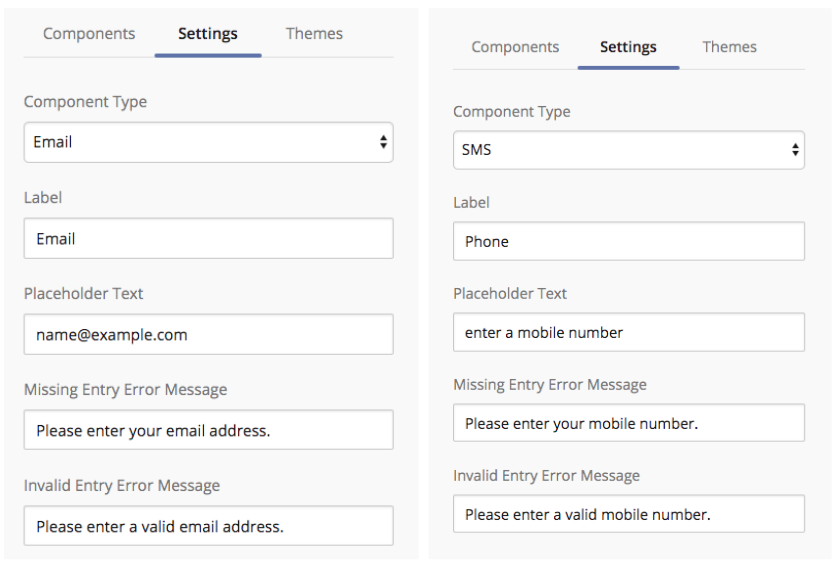 Settings for accepting email or SMS signups