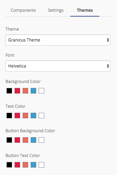 The Themes tab in the signup builder, where users can select pre-made themes, fonts, and background/text colors