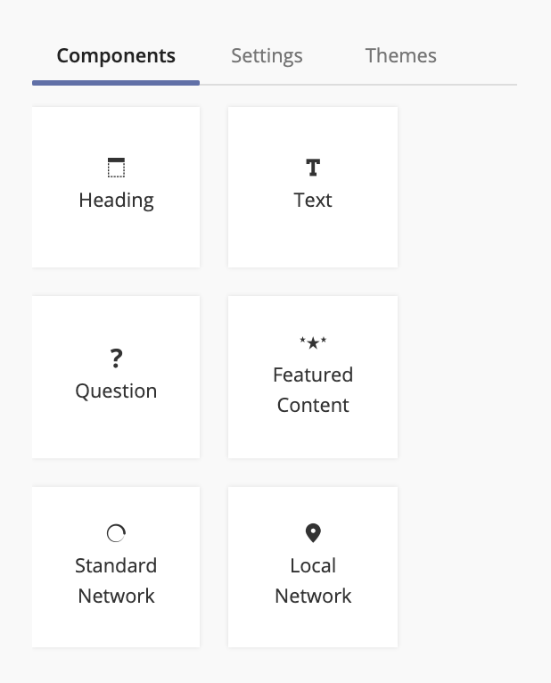 The Components menu in the Signup Builder, displaying the Heading, Text, Question, Featured Content, Standard Network, and Local Network Components