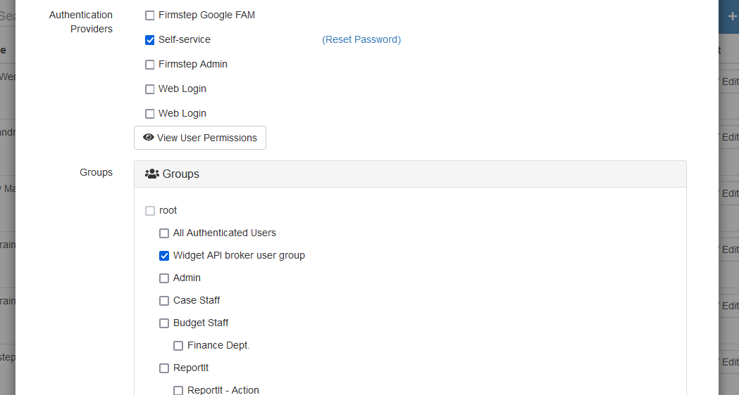 groups wtih widget api broker user group checked