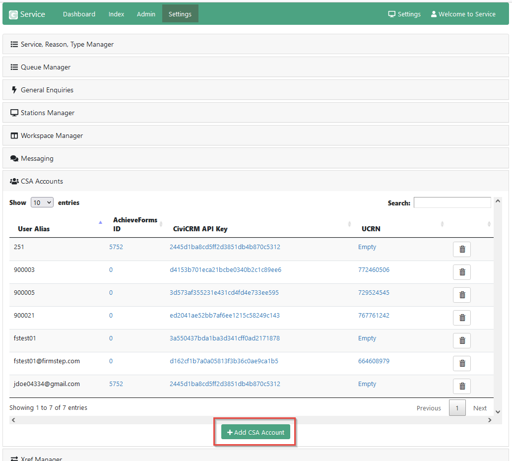service add csa user button marked