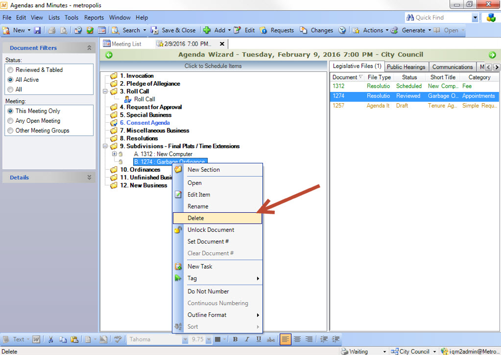 IQM2 Agendas & Minutes: Adding Legislative Files to an Agenda ...