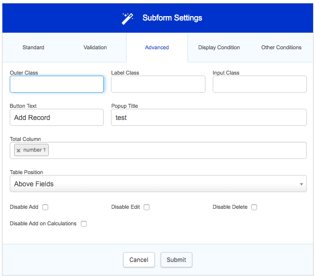 subform settings