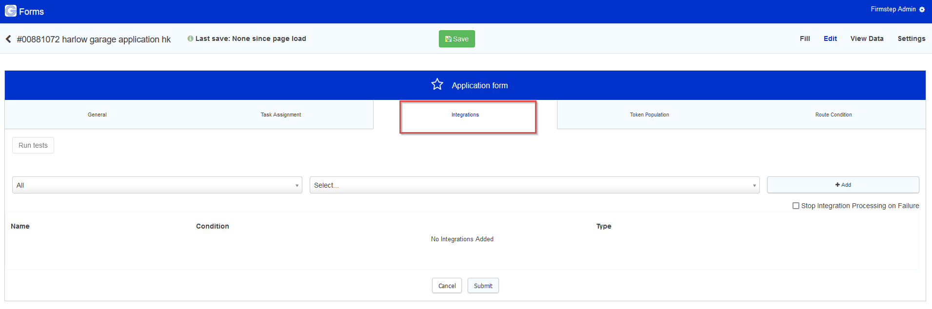 editing stage integration tab display