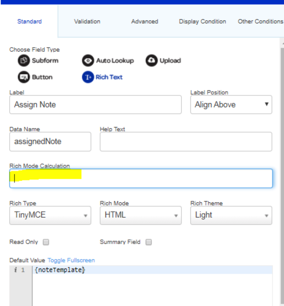 image showing location of deprecated Rich Mode Calculation in field settings