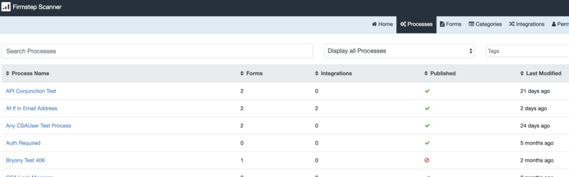 This image depicts the Processes tab in Scanner, which lists all processes that exist in Forms Designer at the time of the scan. 