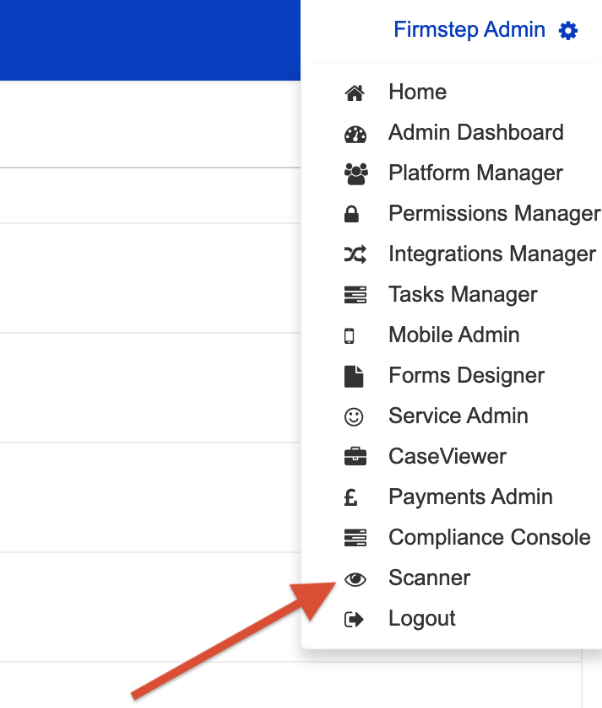 image showing the admin console dropdown menu, with Scanner highlighted