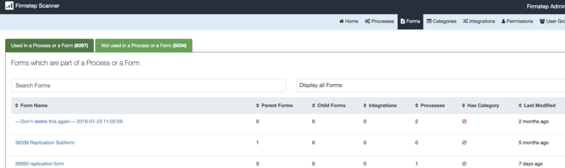 This image shows the Forms Designer tab in Scanner, which shows a list of existing forms at the time the scan was made.