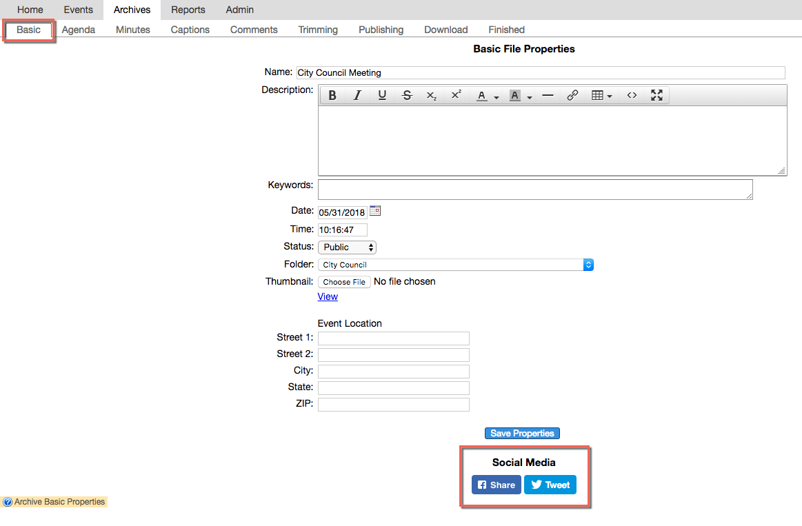 Social Media buttons on the Basic subtab