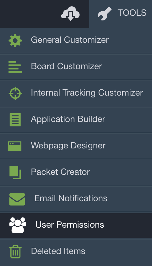 User permissions option on the tools menu