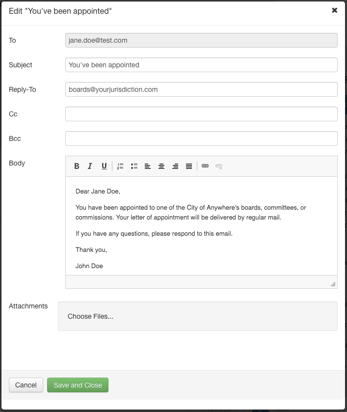 Custom Email Example: Applicant is Appointed to a Board | Granicus Support