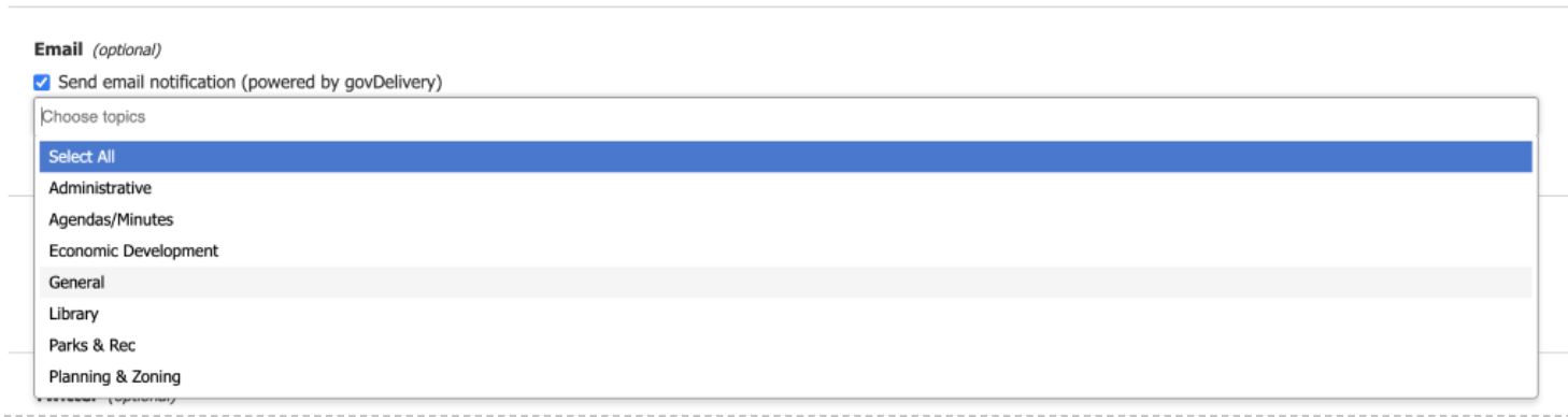 A dropdown menu with options of Topics to which you can send your email notification