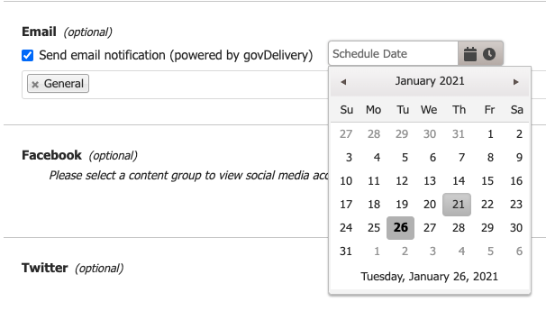Choosing a date for the email notification with a calendar